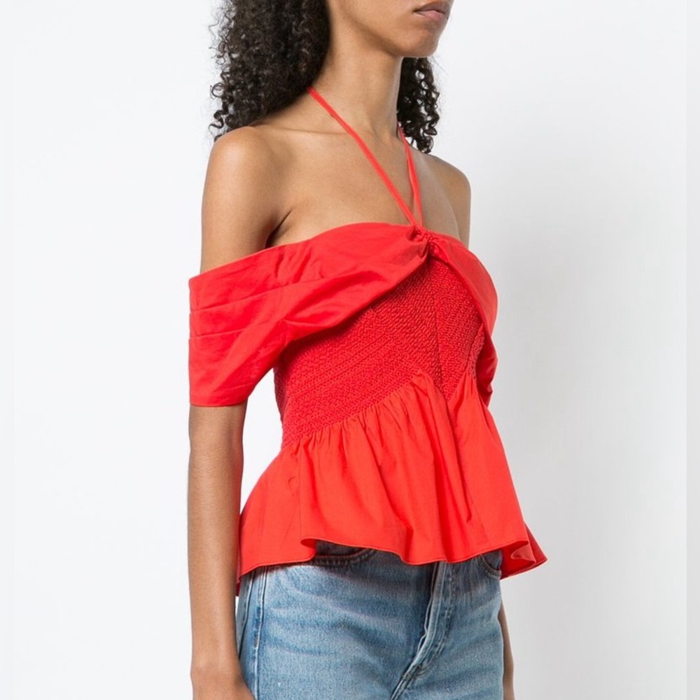 Tanya Taylor Vibrant Red Off-Shoulder Blouse